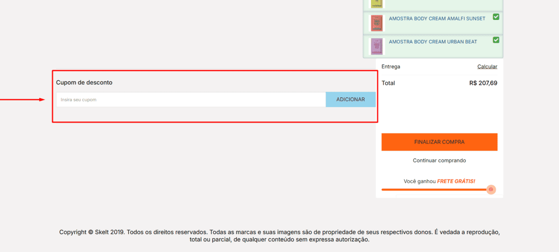 Onde inserir cupom de desconto Skelt