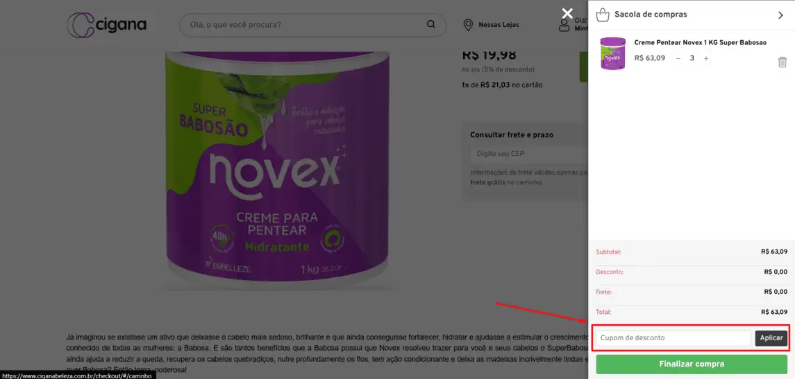 Onde inserir cupom de desconto Cigana Beleza