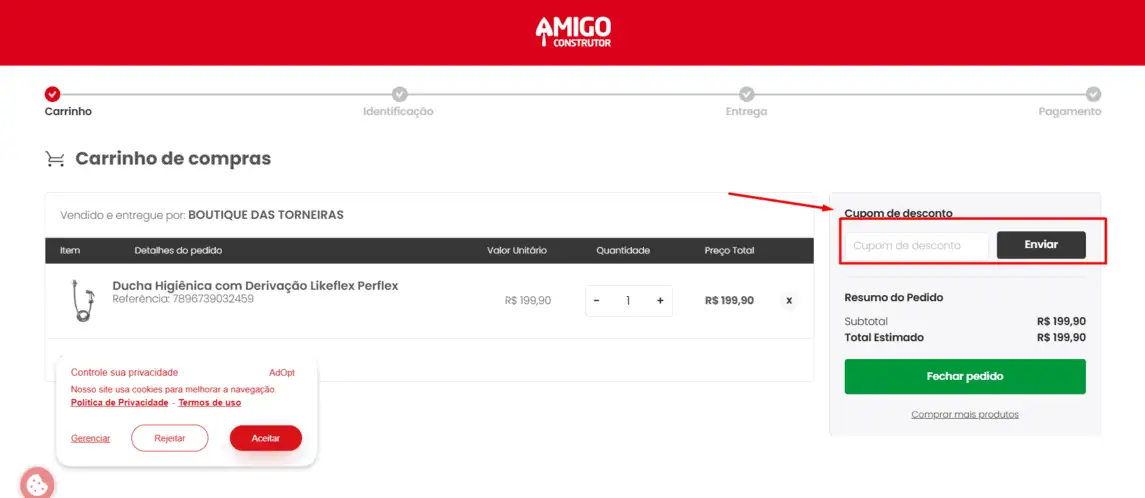 Onde inserir cupom de desconto Amigo Construtor