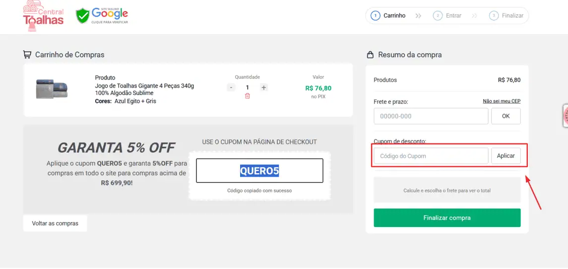 Onde inserir cupom de desconto Central Toalhas