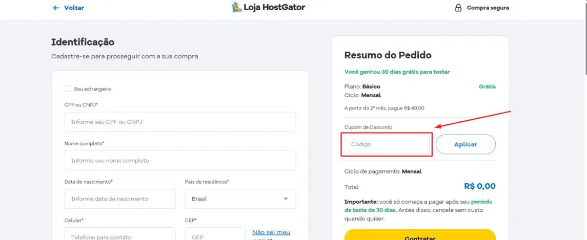 Onde inserir cupom de desconto HostGator