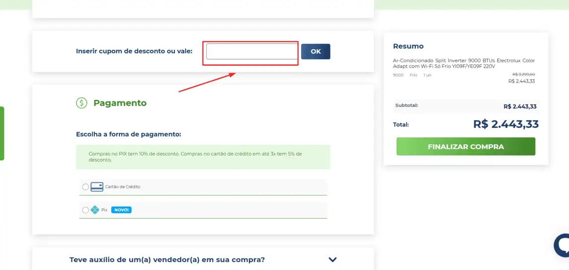 Onde inserir cupom de desconto Frigelar