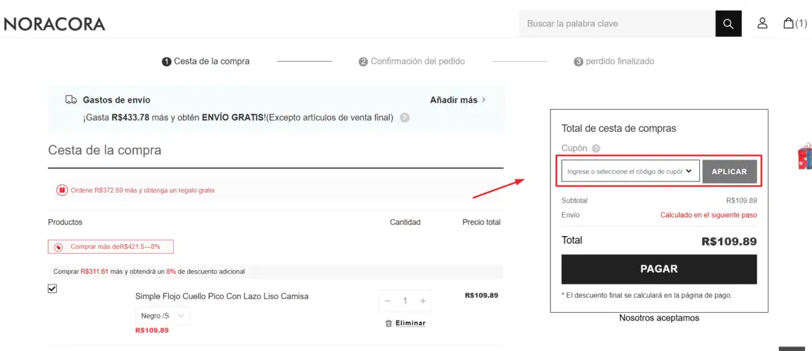 Onde inserir cupom de desconto Noracora