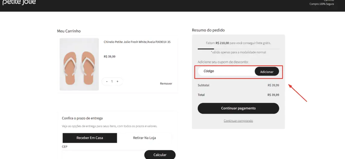Onde inserir cupom de desconto Petite Jolie