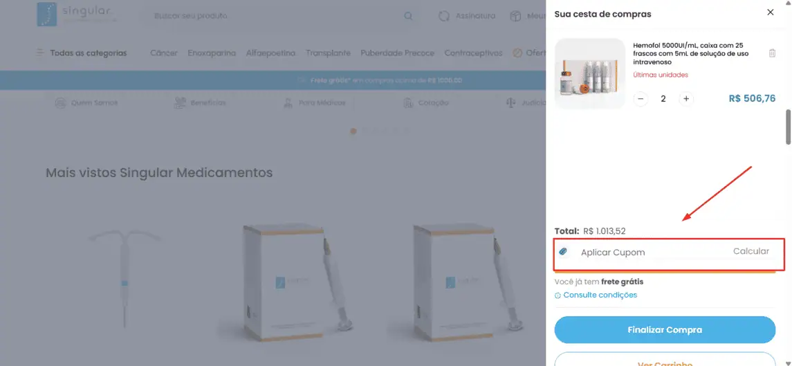 Onde inserir cupom de desconto Singular Medicamentos