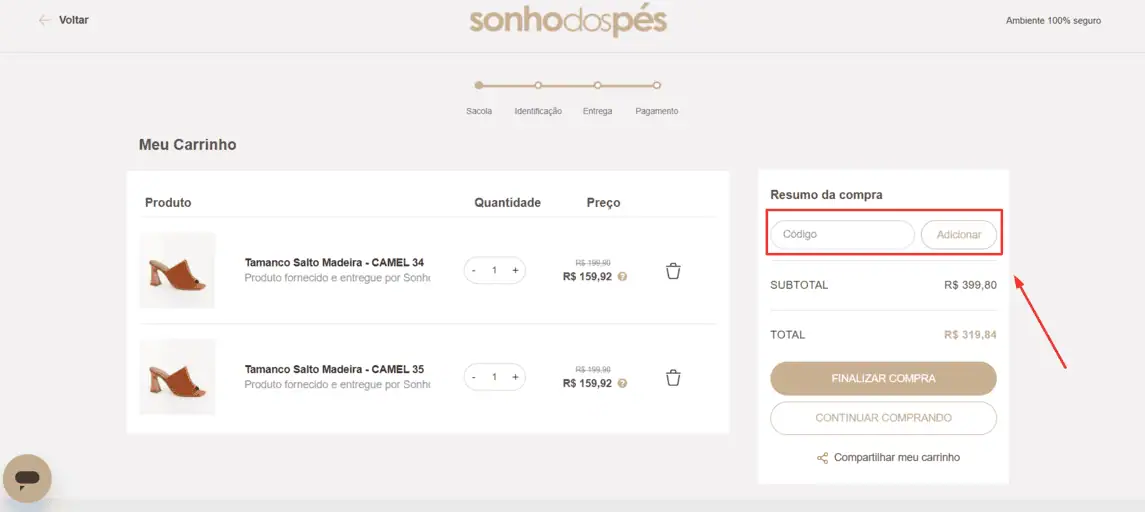 Onde inserir cupom de desconto Sonho dos Pés