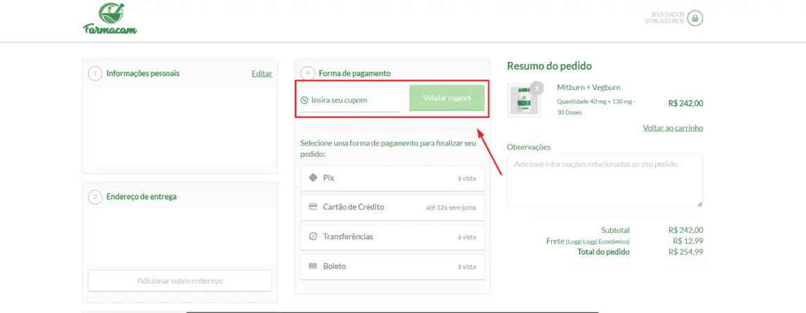 Onde inserir cupom de desconto Farmacam