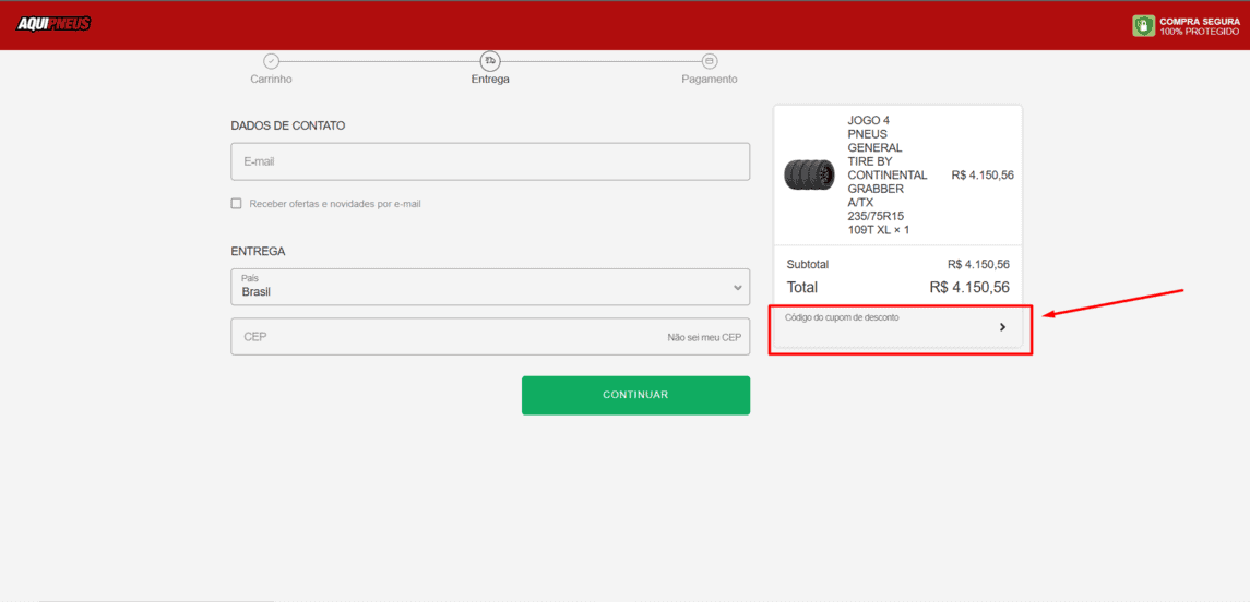 Onde inserir cupom de desconto Aqui Pneus