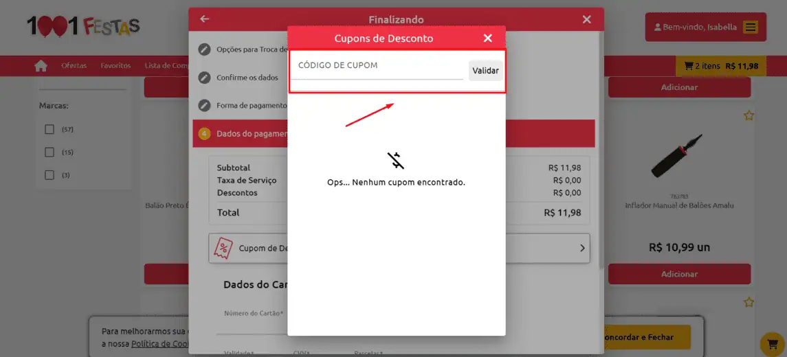 Onde inserir cupom de desconto 1001 Festas