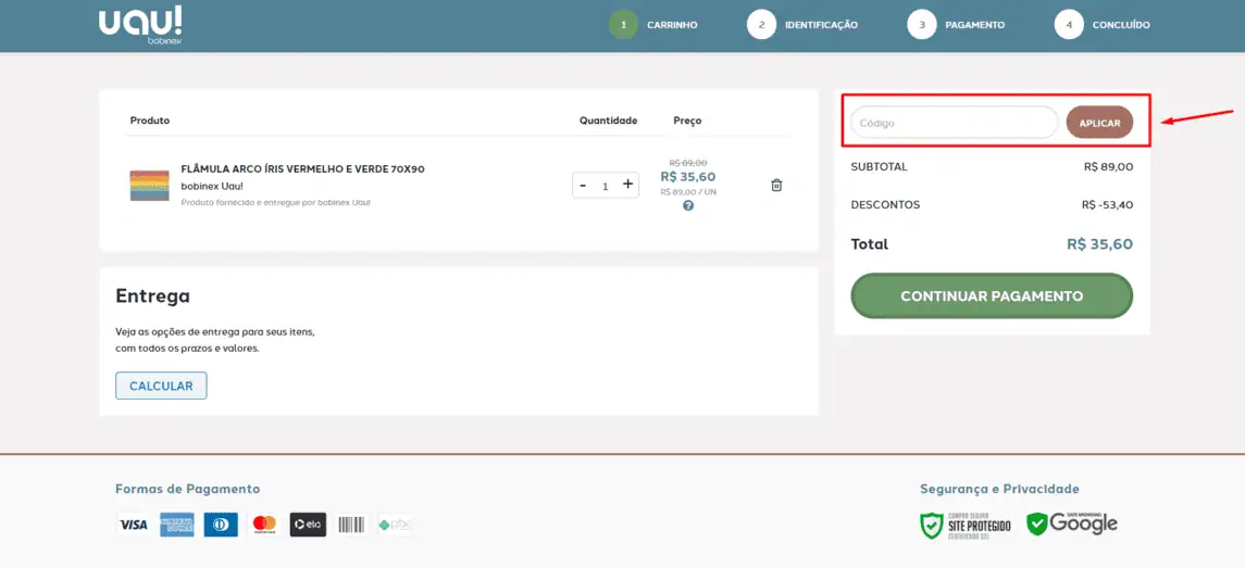 Onde inserir cupom de desconto UAU Bobinex
