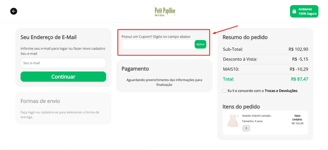 Onde inserir cupom de desconto Petit Papilon
