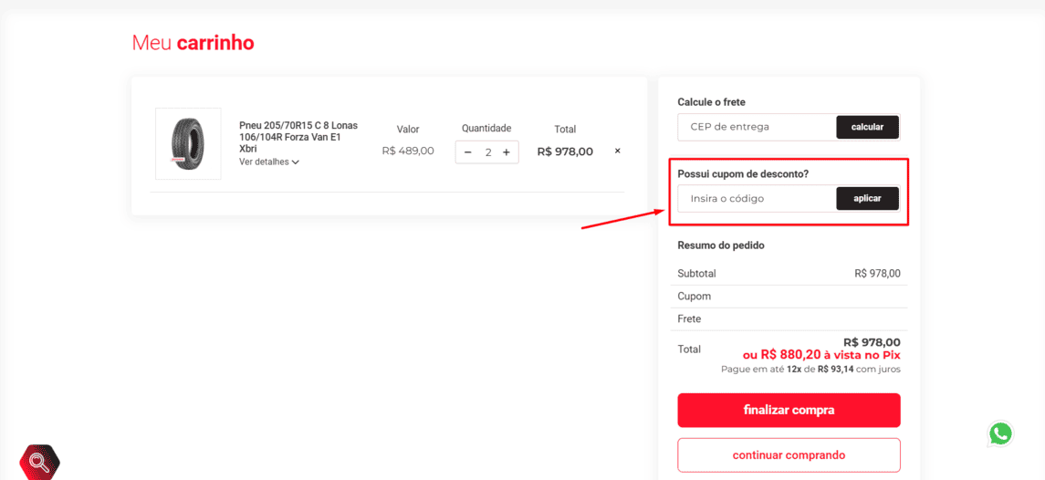 Onde inserir cupom de desconto PneuBest