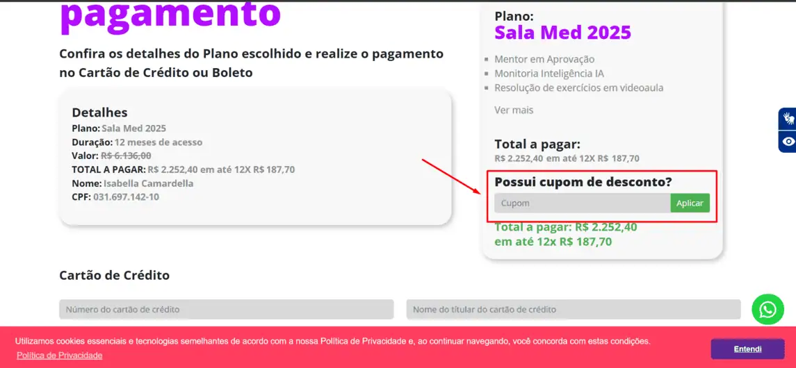 Onde inserir cupom de desconto Sala do Saber