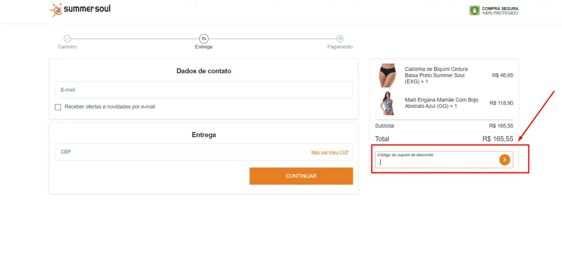 Onde inserir cupom de desconto Summer Soul