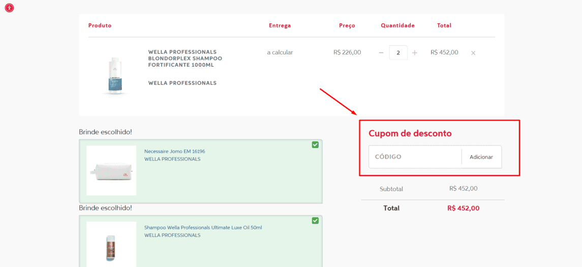 Onde inserir cupom de desconto Wella