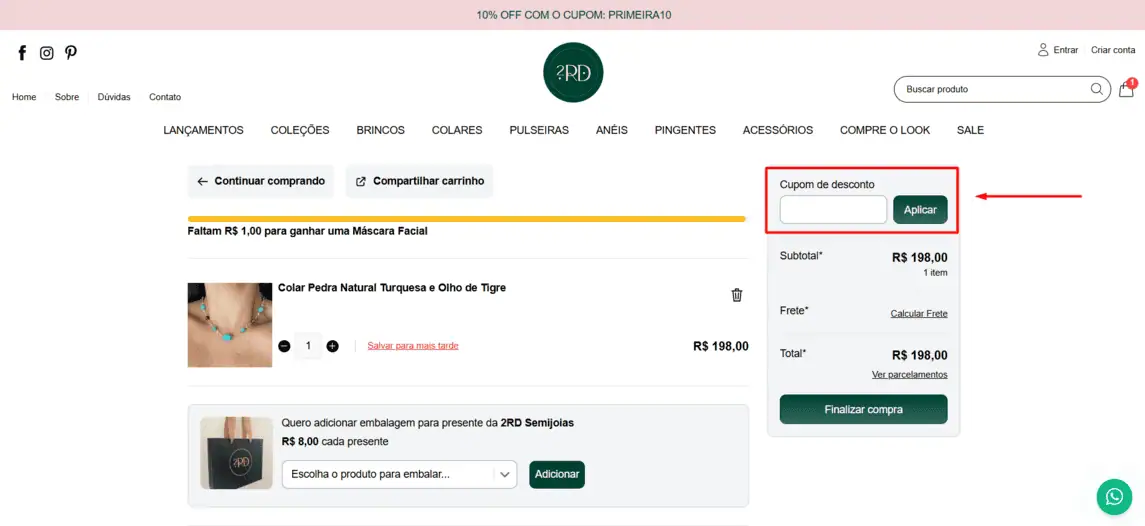 Onde inserir cupom de desconto 2RD Semijoias