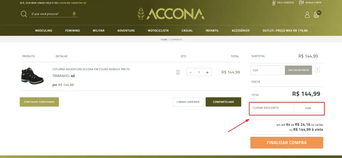 Onde inserir cupom de desconto Accona Calçados
