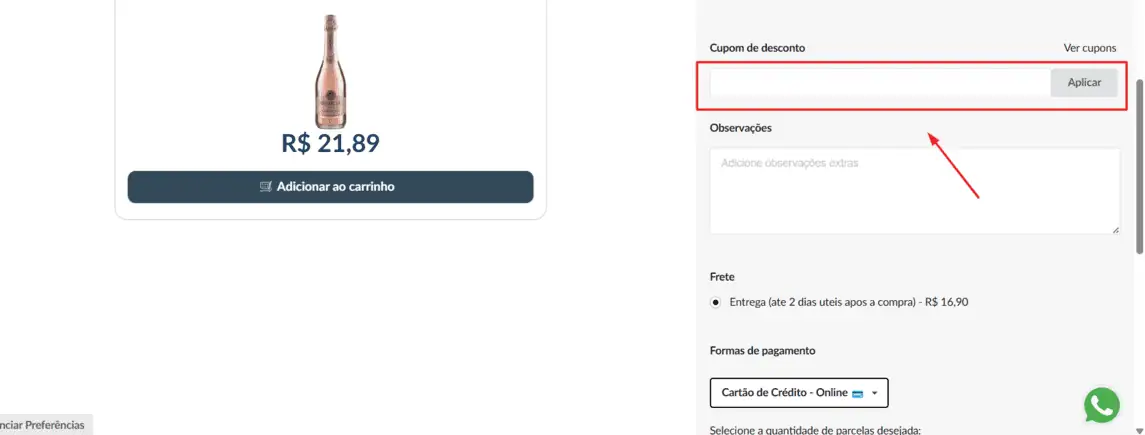 Onde inserir cupom de desconto Adega Brasil
