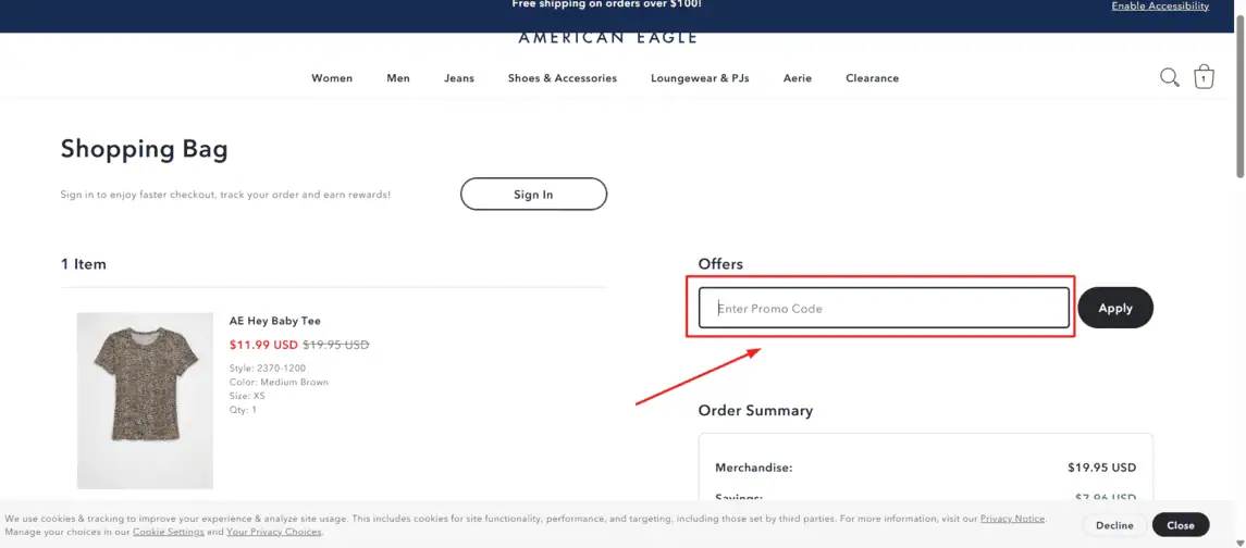 Onde inserir cupom de desconto American Eagle