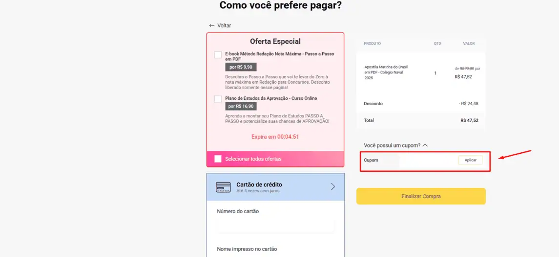 Onde inserir cupom de desconto Apostilas Opção
