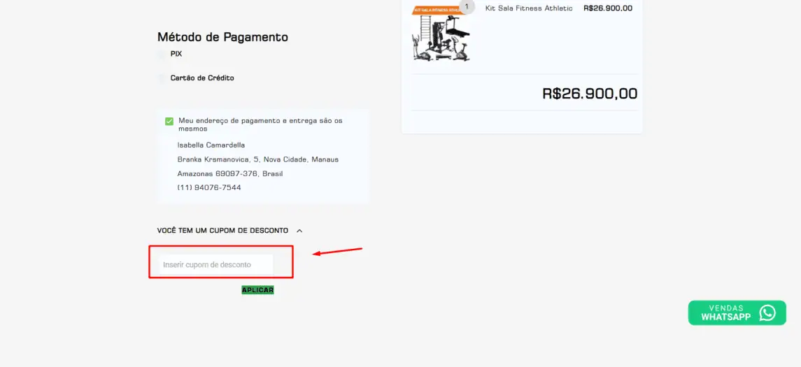 Onde inserir cupom de desconto Athletic