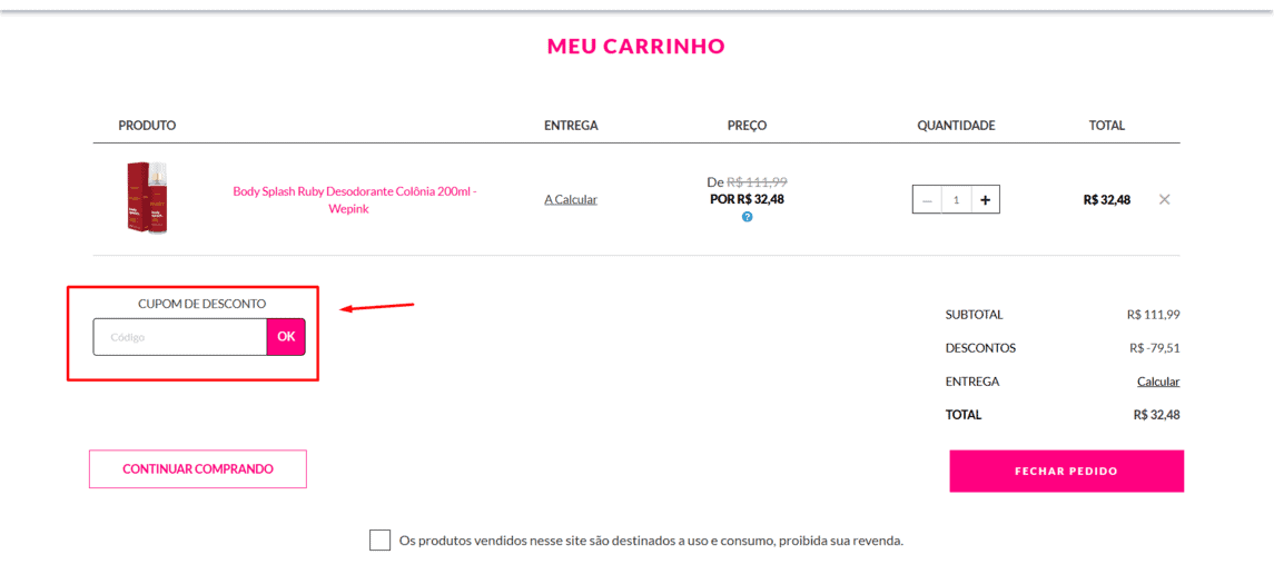 Onde inserir cupom de desconto Wepink