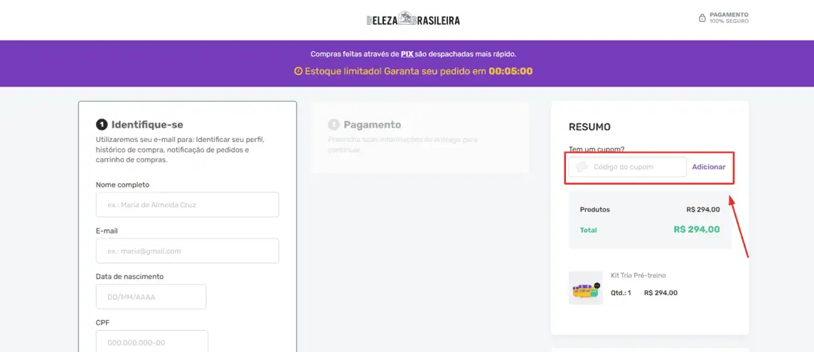 Onde inserir cupom de desconto Bumbum Cream