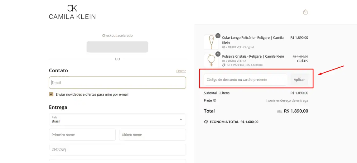 Onde inserir cupom de desconto Camila Klein