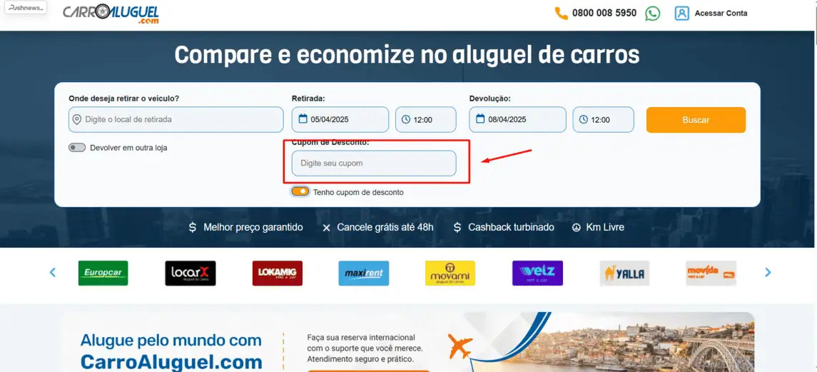 Onde inserir cupom de desconto Carro Aluguel