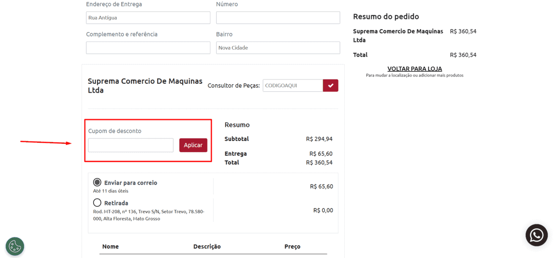 Onde inserir cupom de desconto CASE