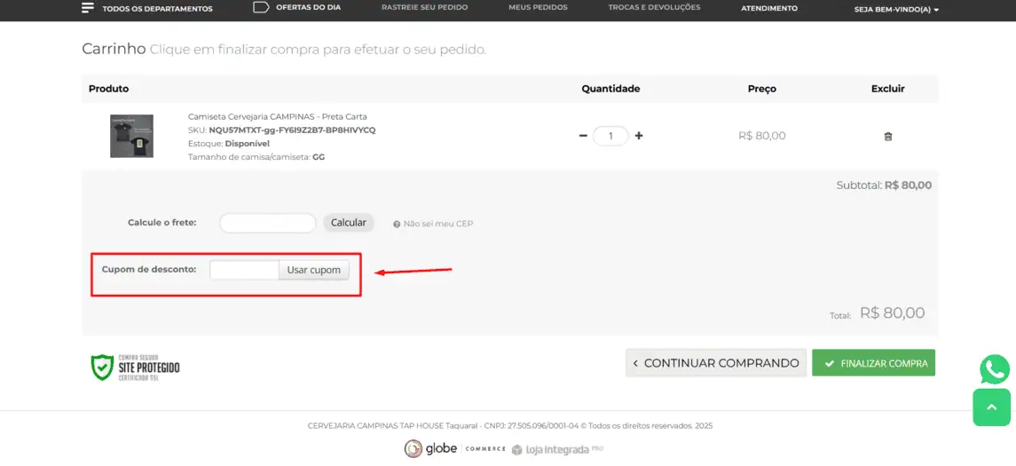Onde inserir cupom de desconto Cervejaria Campinas