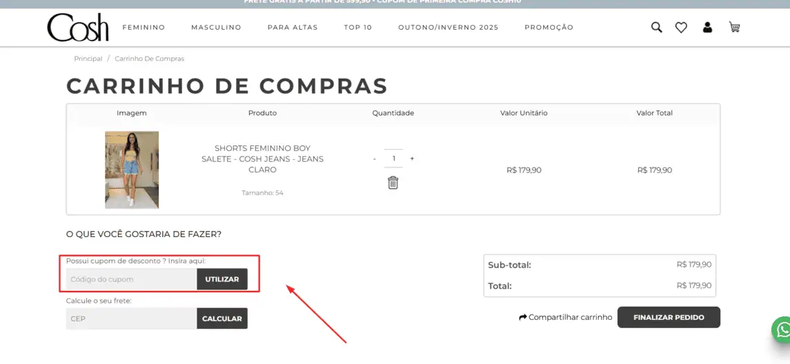 Onde inserir cupom de desconto Cosh Jeans