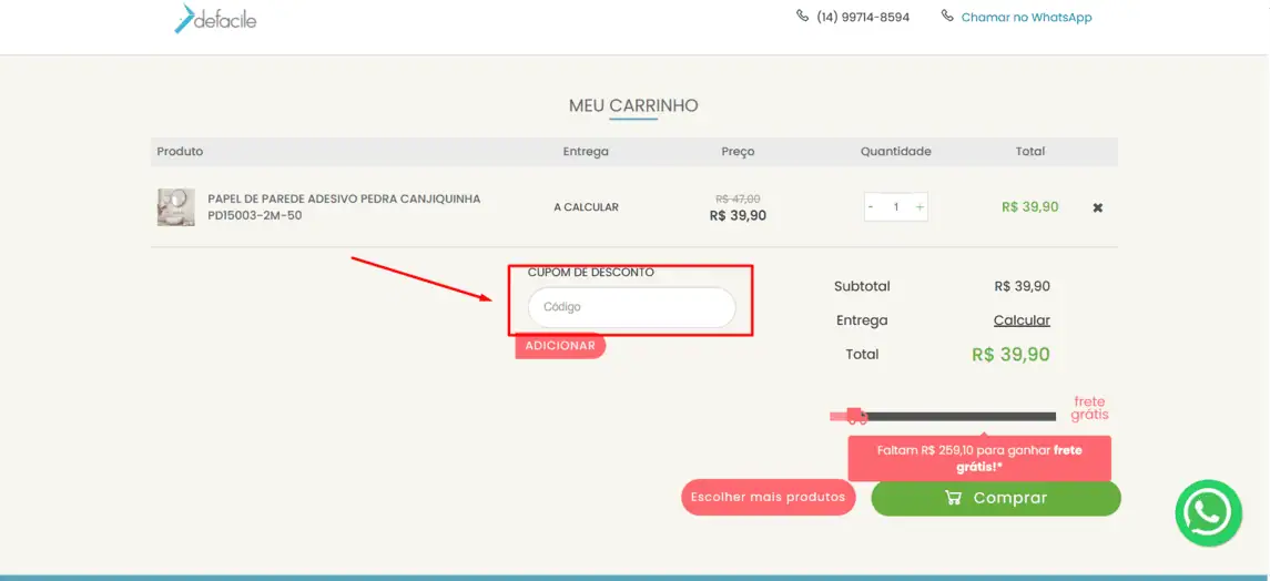 Onde inserir cupom de desconto Defacile