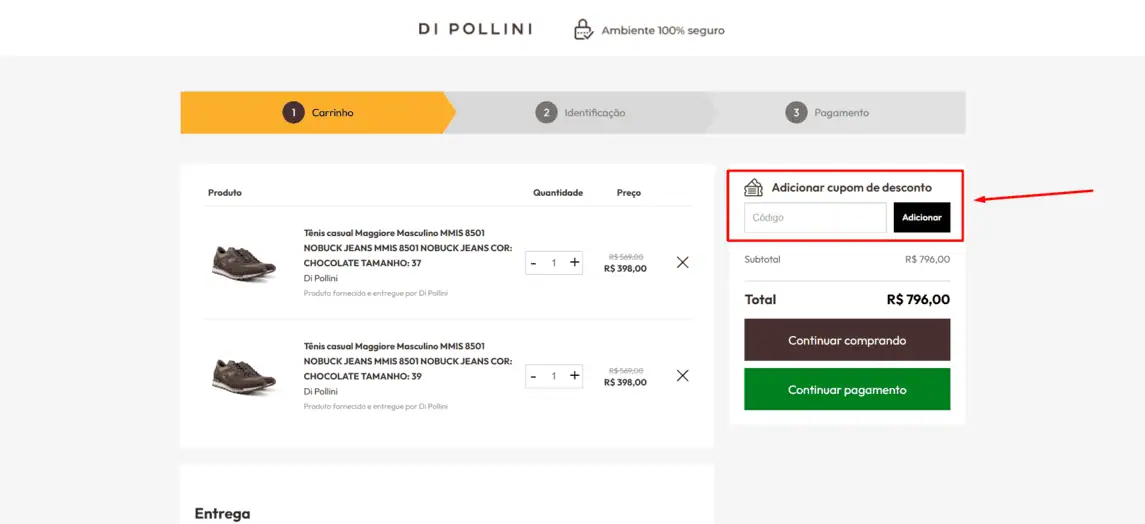 Onde inserir cupom de desconto Di Pollini