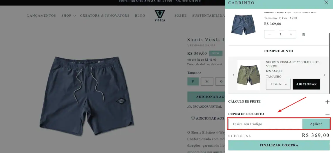 Onde inserir cupom de desconto Vissla
