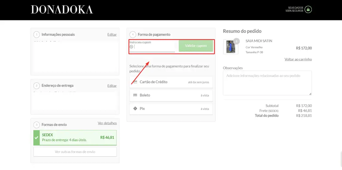 Onde inserir cupom de desconto Donadoka