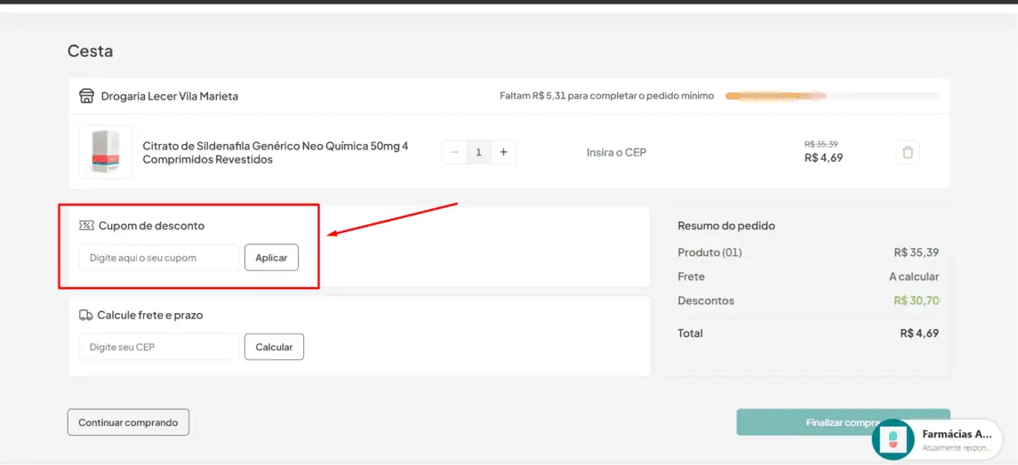 Onde inserir cupom de desconto Farmácias App