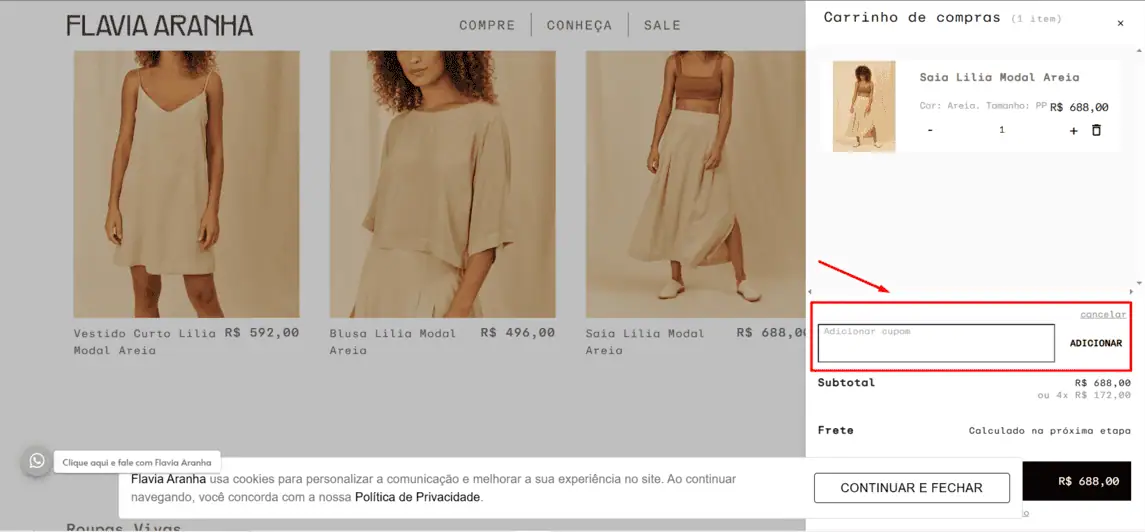 Onde inserir cupom de desconto Flávia Aranha