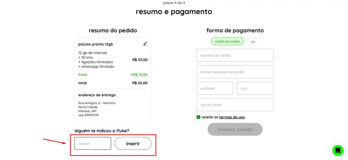 Onde inserir cupom de desconto Fluke Operadora