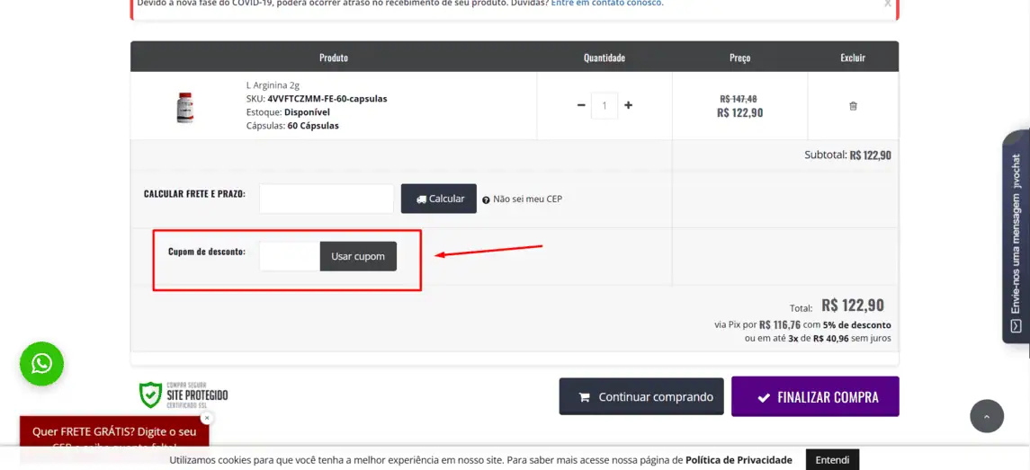 Onde inserir cupom de desconto Fórmulas Express