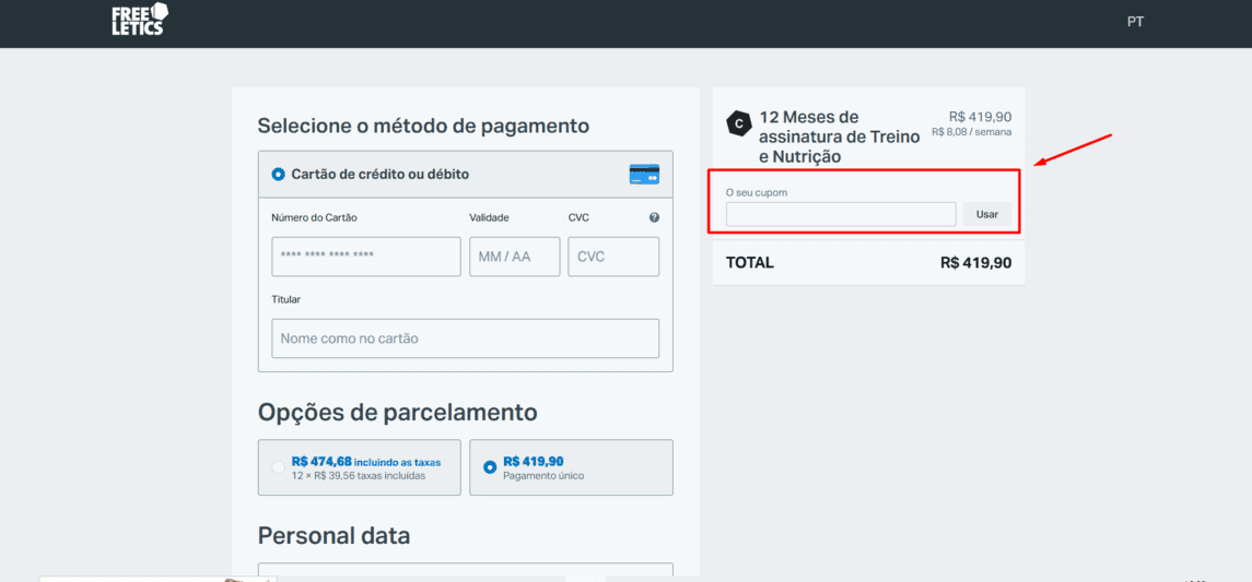 Onde inserir cupom de desconto Freeletics