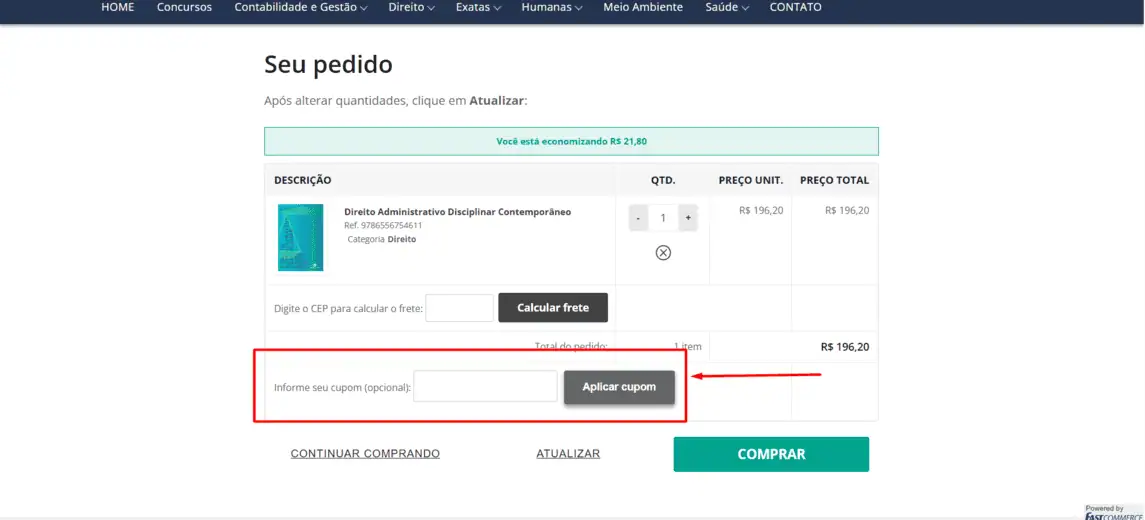 Onde inserir cupom de desconto Freitas Bastos