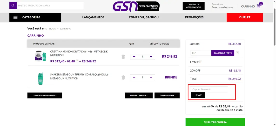 Onde inserir cupom de desconto GSN Suplementos