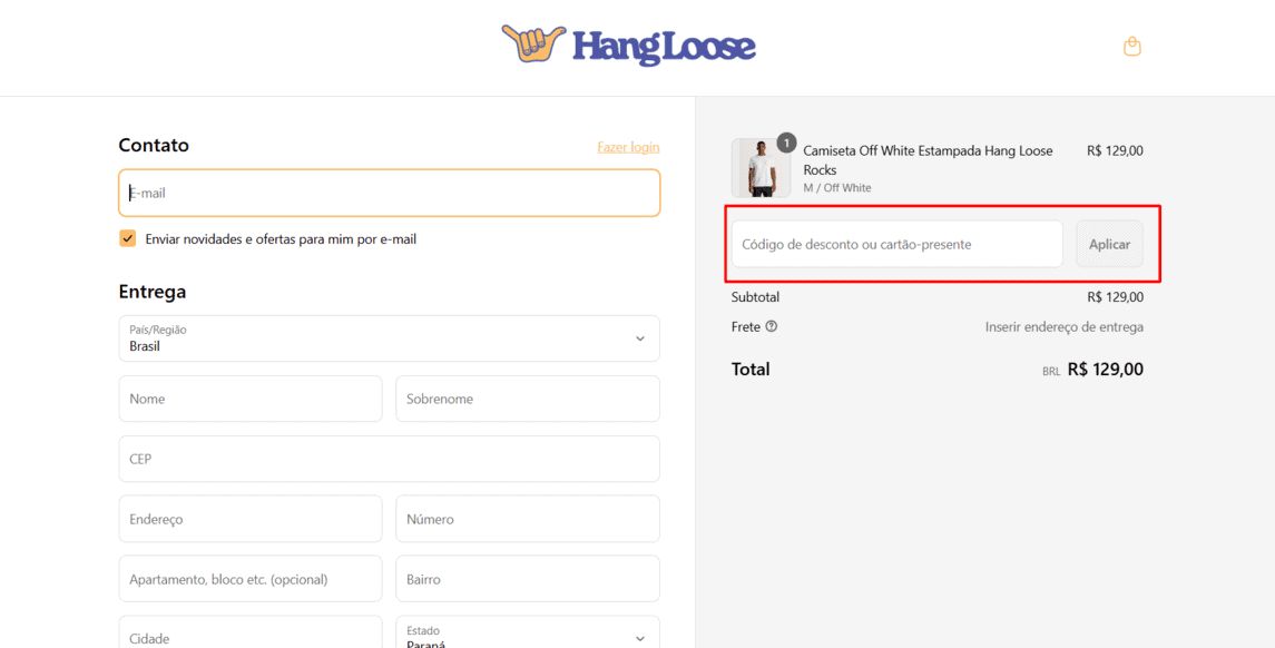 Onde inserir cupom de desconto Hang Loose
