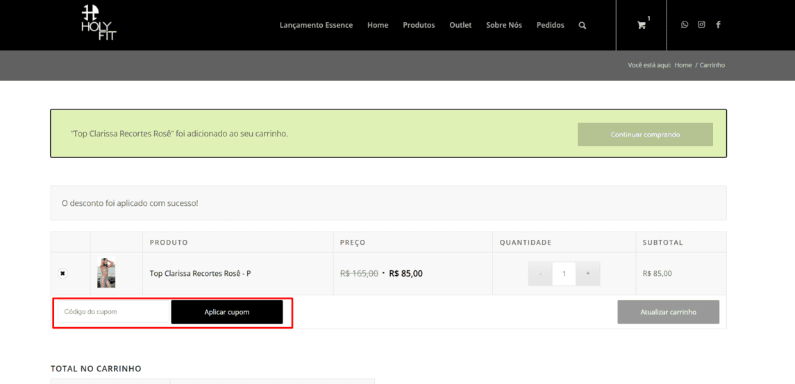 Onde inserir cupom de desconto Holyfit