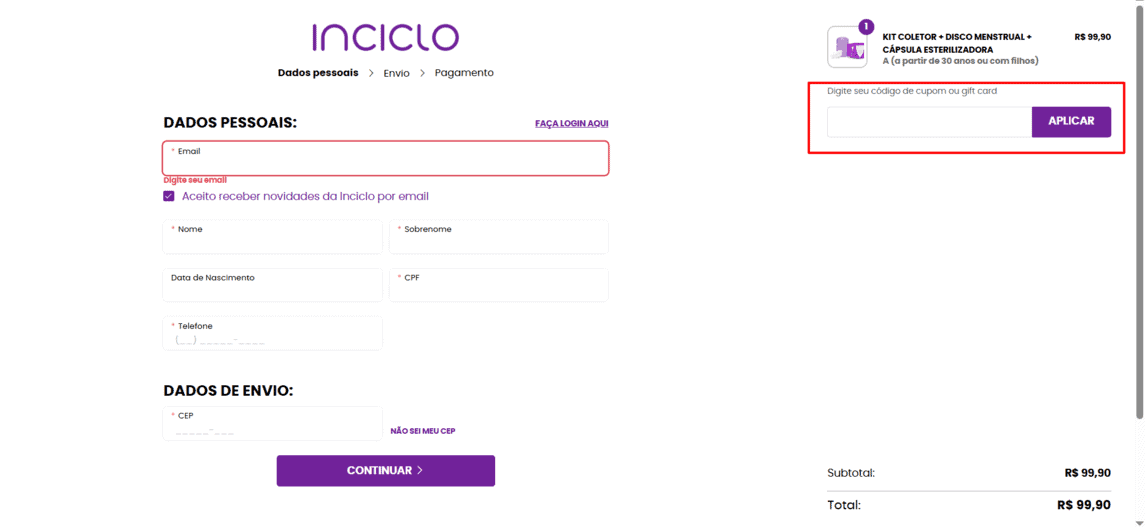Onde inserir cupom de desconto Inciclo