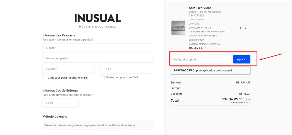 Onde inserir cupom de desconto Inusual - Móveis e Decorações