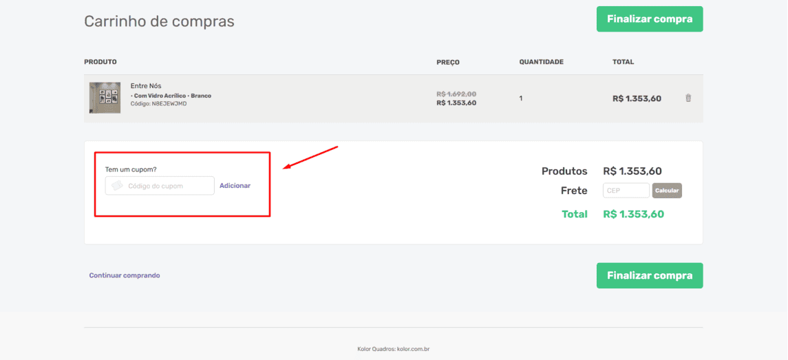 Onde inserir cupom de desconto Kolor Quadros