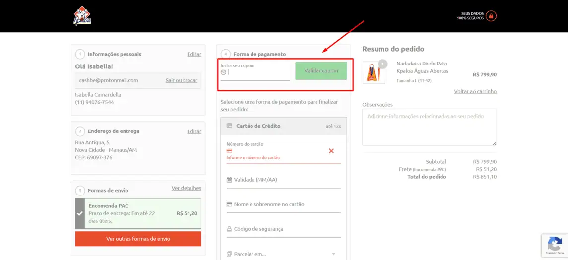 Onde inserir cupom de desconto Kpaloa