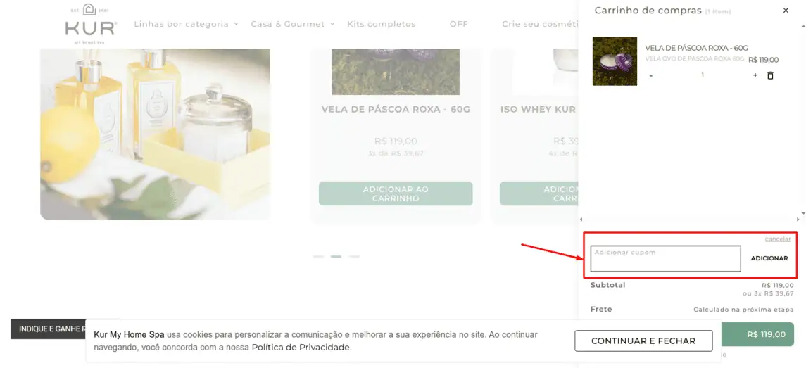 Onde inserir cupom de desconto Kur My Home Spa